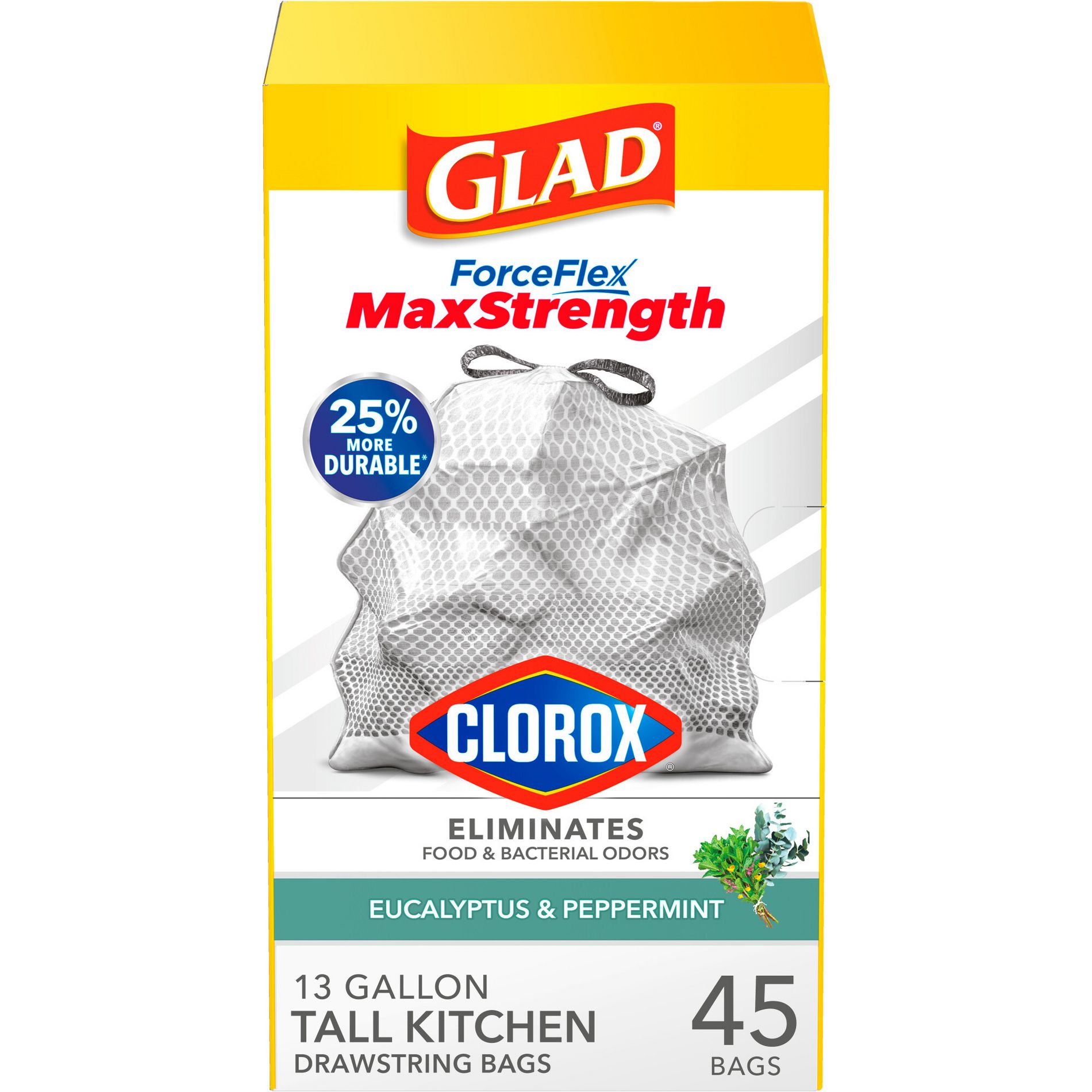 Glad ForceFlex MaxStrength Tall Kitchen Drawstring Trash Bags - Eucalyptus Mint - 13gal/45ct