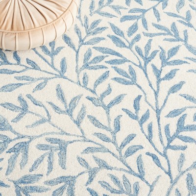 Ivory and Blue Floral Hand-Tufted Wool Square Rug
