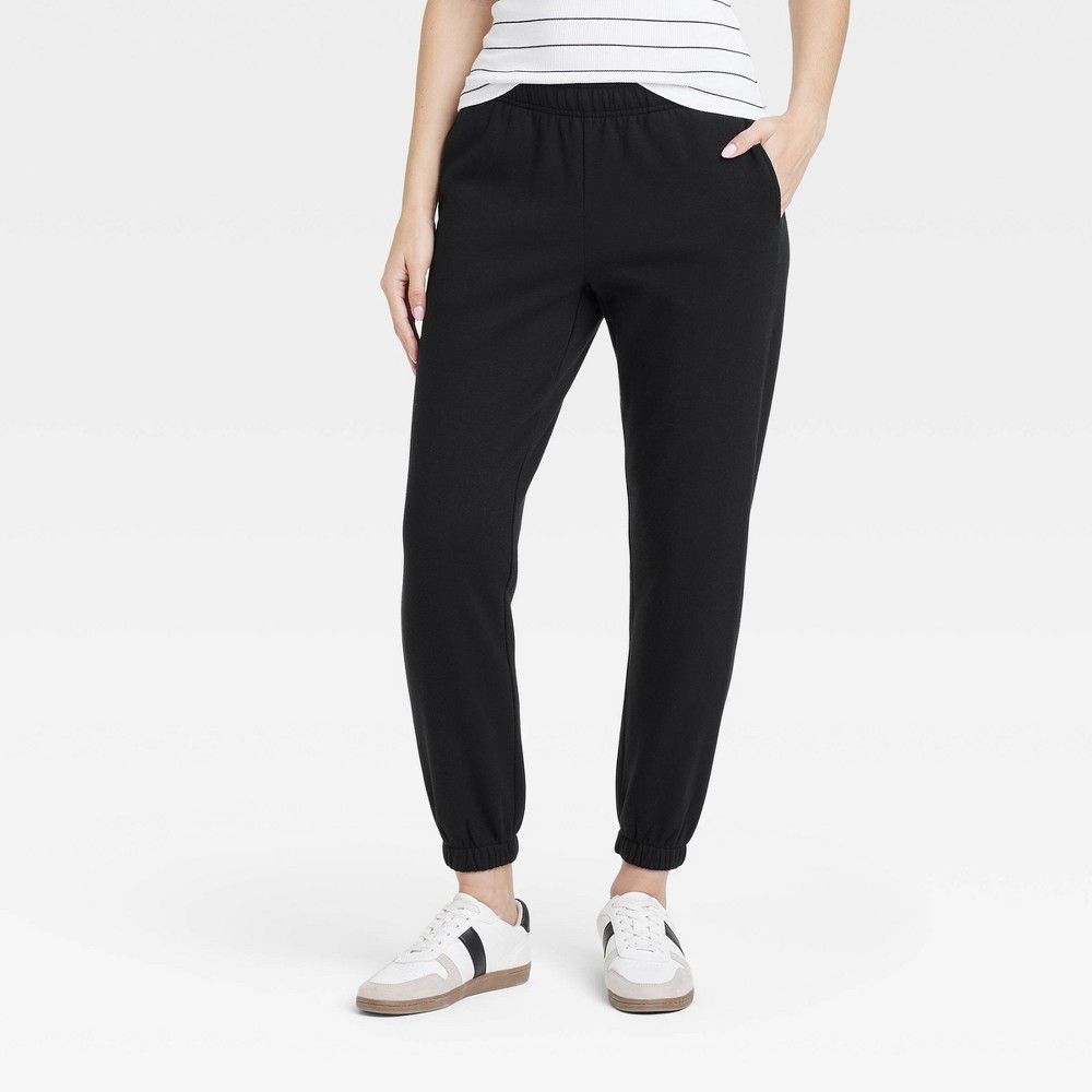 Women's Mid-Rise Essential Joggers - Universal Thread™ Black L: Cotton Blend, Side Pocket, Relaxed Leg, Knit Fleece