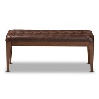 Walsh Mid-Century Modern Dark Brown Faux Leather and Walnut Wood Dining Bench