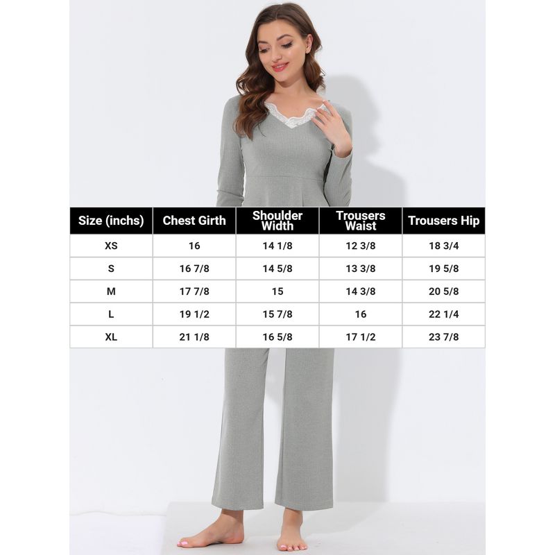 cheibear Women's Sleepwear Lounge Ribbed Knit Peplum Tops with Lace Long Sleeve Pajamas Set, 5 of 6