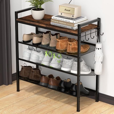 Attop Shoe Rack for Front Door Entrance, 4 Tier Height-Adjustable Metal Shoe Rack, Wooden Top, Heavy Duty Shoe Organizer for Bathroom, Include Hook
