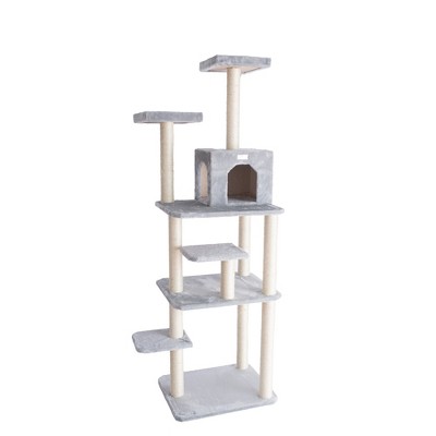 74-Inch Silver Gray Faux Fur Multi-Level Cat Tree with Sisal Posts