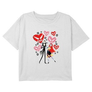 Girl's The Nightmare Before Christmas Jack and Sally Hearts Cropped T-Shirt - 1 of 3