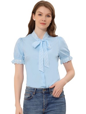 Allegra K Women's Embroidered Bow Tie Neck Puff Sleeve Office Work Shirt