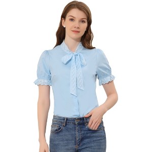 Allegra K Women's Embroidered Bow Tie Neck Puff Sleeve Office Work Shirt - 1 of 4
