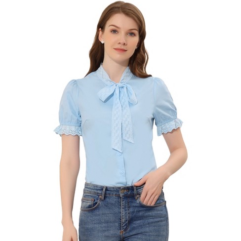 Allegra K Women's Embroidered Bow Tie Neck Puff Sleeve Office Work Shirt  Light Blue X-Small