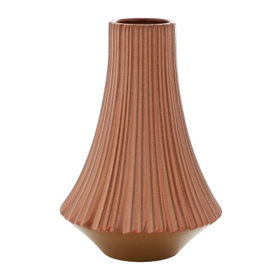 Olivia & May 13'' x 9'' Ceramic Ribbed Vase Orange: Modern Stoneware Bottle Shape, Tabletop Amphora Vase