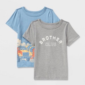 Toddlers 2pk Adaptive Short Sleeve 'Trucks/Brother' Graphic T-Shirt - Cat & Jack™ Dusty Blue/Heather Gray - 1 of 3