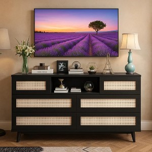 Rattan Dresser for Bedroom, Modern 6 Drawer Double Dresser with LED Lights & Power Outlet, Large Wood Chest of Drawers - 1 of 4
