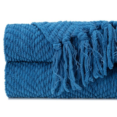Cerulean Blue Knitted Acrylic Throw Blanket with Tassels - 50" x 65"