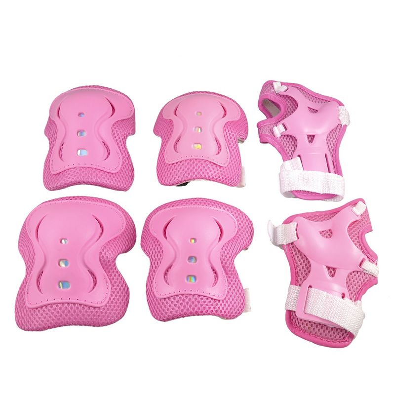 Unique Bargains Cycling Roller Skating Plastic Wrist Elbow Knee Support Brace 6 in 1 Set Protective Pads Pink White 4.9" x 3.9", 1 of 9
