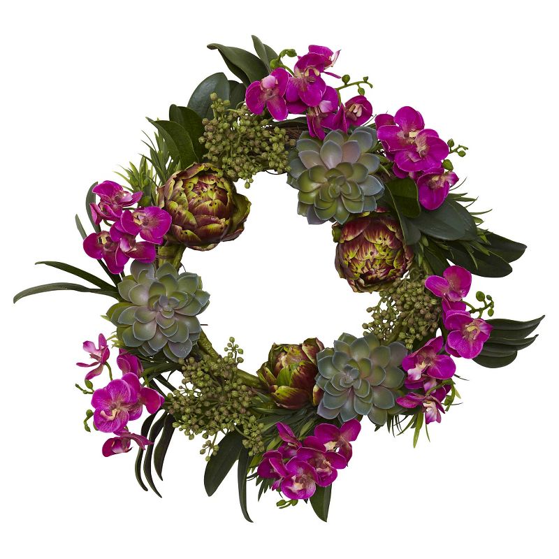Nearly Natural Orchid Artichoke and Succulent Wreath Purple (20"), 1 of 5