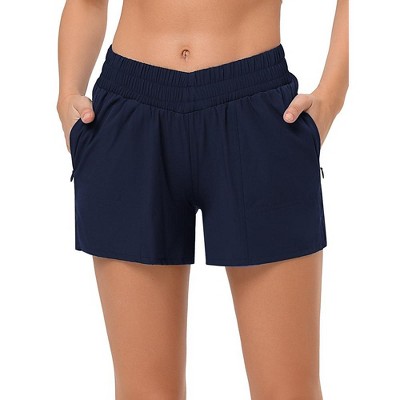 Womens High Waisted Running Shorts for Women 2.5" - Mesh Liner V Waistband Side Slit Sport Athletic Workout Shorts with Zipper Pocket - Navy,2XL