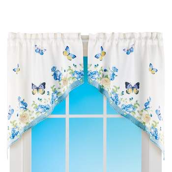 Collections Etc Blue & Ivory Floral Rose Butterfly Window Curtains