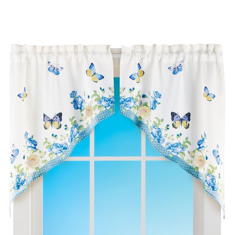 Collections Etc Blue & Ivory Floral Rose Butterfly Window Curtains, 1 of 3