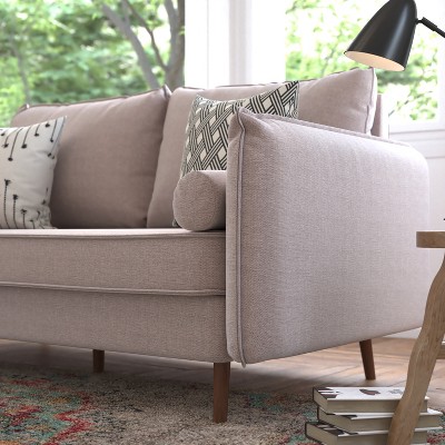 Taupe Linen Tufted Sofa with Removable Cushions and Wood Legs