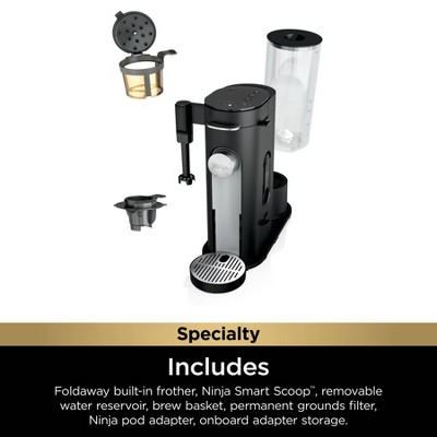 Black Single-Serve Coffee Maker with Integrated Milk Frother