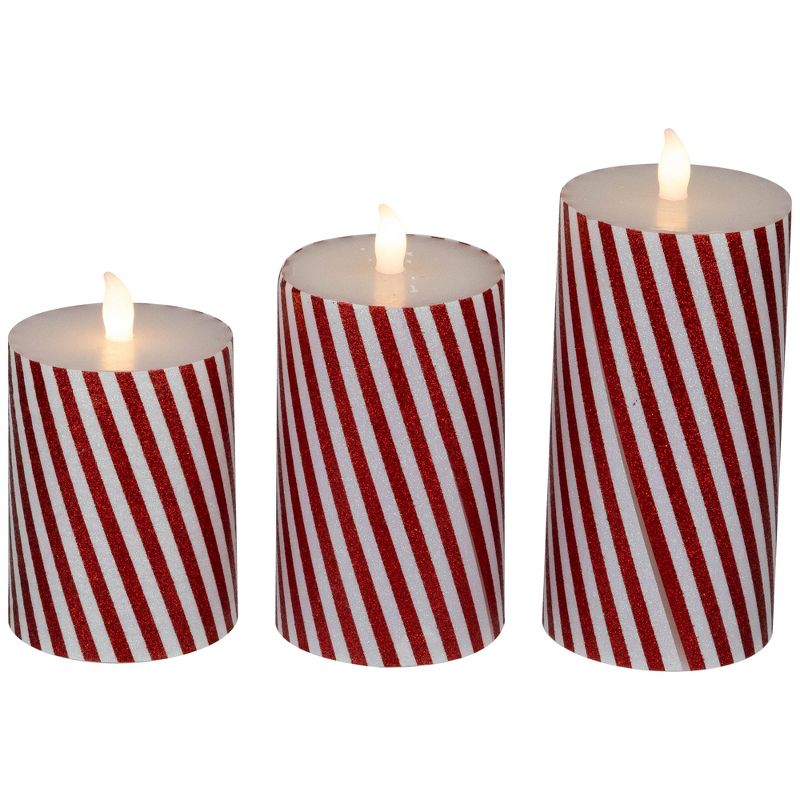 Northlight Set of 3 Flameless Glittered Candy Cane Stripes Flickering LED Christmas Wax Pillar Candles 6", 4 of 7