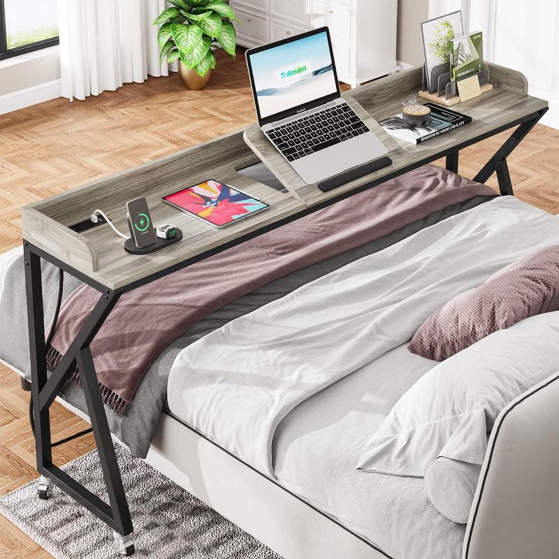Tribesigns 70.9" Over Bed Desk with Adjustable Tilt Board, Mobile Laptop Cart with 2 AC Outlets & 2 USB Ports on Wheels for Home/Hospital, 2 of 11