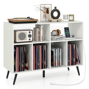 Costway Record Player Stand with Charging Station Open Shelves & Compartments Raised Legs Brown/White - 1 of 4