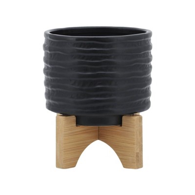 Sagebrook Home Textured Round Ceramic Planter Pot with Wood Stand