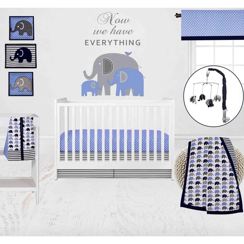 Bacati - Elephants Blue/Navy/Gray 10 pc Crib Bedding Set with 2 Crib Fitted Sheets, 1 of 12
