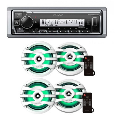 Kenwood KMR-M332BT Digital Media Receiver with Bluetooth with 2 Pairs of KFC-1673MRWL 6.5" 2-way Marine Speaker W/ LED (White), 260W Max power