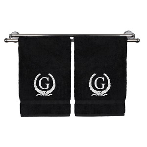 BC BARE COTTON Monogrammed Hand Towel, 100% Turkish Cotton - Set of 2 - Black - White Wreath - 1 of 1