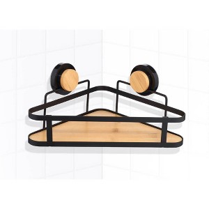 Popular Bath Popular Home Corner Shelf with Suction Metal and Bamboo Black - 1 of 2