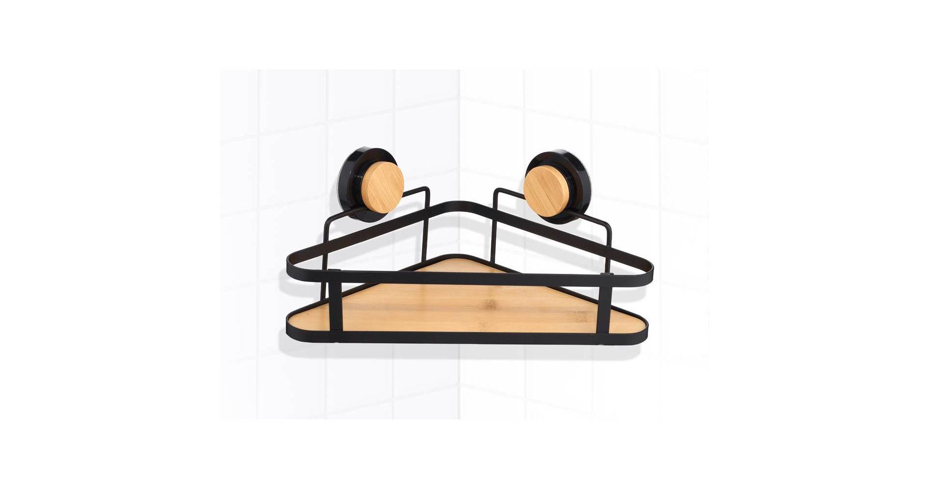 Popular Bath Popular Home Corner Shelf with Suction Metal and Bamboo Black