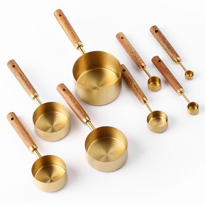 SUGIFT 8 Piece Gold Measuring Cups and Spoons Set, Premium Stainless Steel Measuring Cups with Wood Handles - 1 of 4