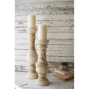 Hand-Carved Wooden Candle Stands, Natural Finish, Farmhouse Style, Set of Two by Kalalou - 1 of 3