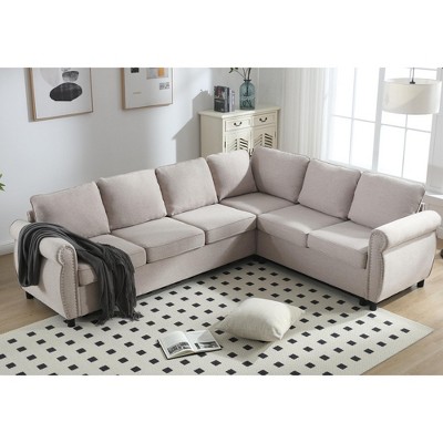 VYNXARIA Sleeper Sofa, 2 in 1 Pull Out Couch Bed,6 seater sofa bed,L Shaped Sleeper Sectional Sofa Couch,Riveted sofa,Beige