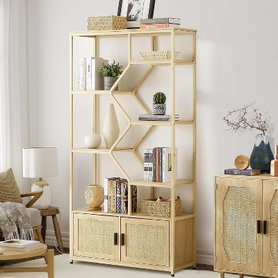 Zevemomo 7 Tier Tall Rattan Bookshelf-Modern Open Display Book Shelf&Bottom Cabinet with Door for CDs/Movies/Books,for Bedroom Home Office Living Room