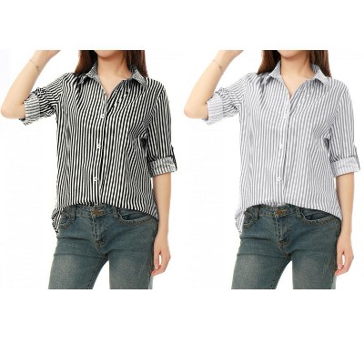 Allegra K Women's Striped Button Down Roll-up Long Sleeves Point Collar Shirt 2 Packs