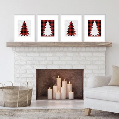 Holiday Plaid Trees Red and Black Linen Paper Wall Art Set
