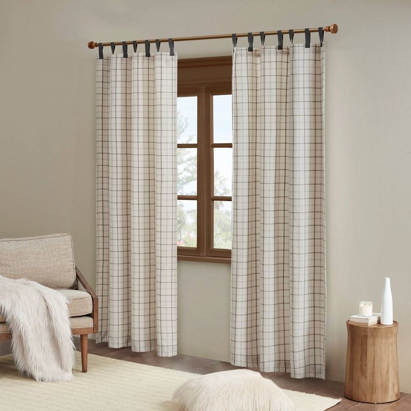 50"x84" Madison Park Light Filtering Preston Plaid Faux Leather Tab Top Curtain Panel with Fleece Lining, 3 of 13
