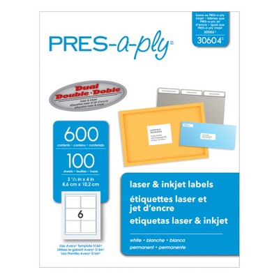 PRES-a-ply Permanent-Adhesive Shipping Labels For Laser and Inkjet Printers, 3-1/3 x 4 Inches, White, Box of 600