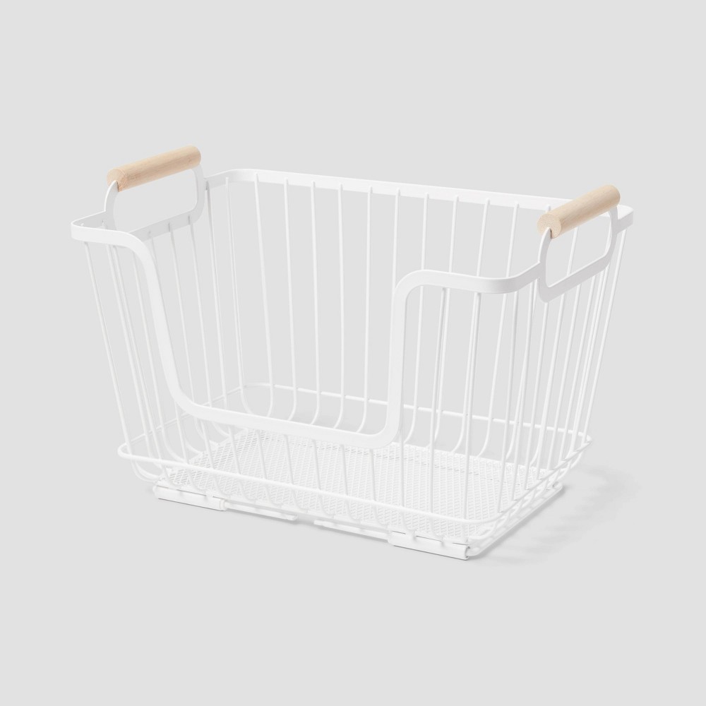 Photos - Other for Dogs Metal Stackable Wire Pantry Basket with Rubber Wood Handle White - Brightr