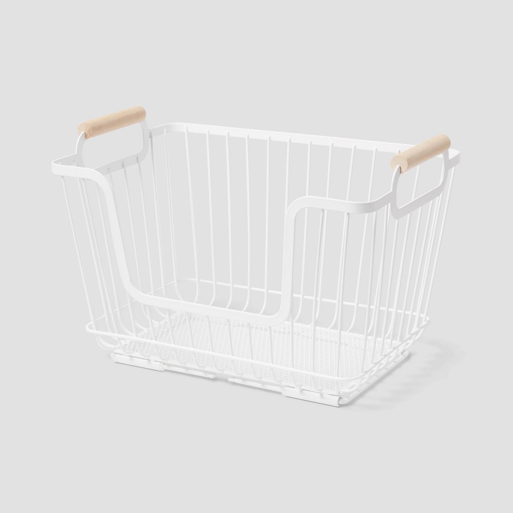 Metal Stackable Wire Pantry Basket with Rubber Wood Handle White - Brightroomâ„¢