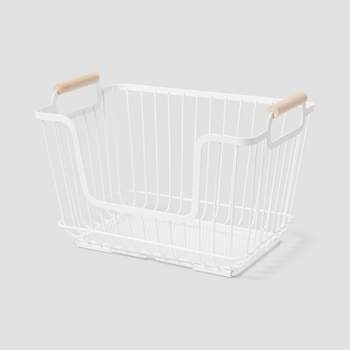 Metal Stackable Wire Pantry Basket with Rubber Wood Handle White - Brightroom™