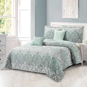 Evo Bytes 5-Piece Bedding Quilt Set – Printed Microfiber Lightweight Bedding with Quilts, Pillow Shams & Decorative Pillows-King - 1 of 4