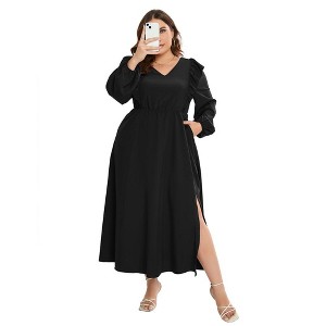 Garvee Women's Plus Size Fall Dress with Pocket Ruffle Cap Long Sleeves V Neck Side Split Long Maxi Dress - 1 of 4