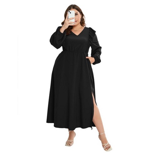 Whizmax Women's Plus Size Fall Dress with Pocket Ruffle Cap Long Sleeves V Neck Side Split Long Maxi Dress Black 3XL - image 1 of 4