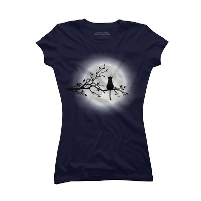 Junior's Design By Humans The Cat and The Moon By Maryedenoa T-Shirt