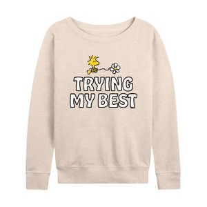 Women's - Peanuts - Woodstock Trying My Best Lightweight French Terry Wide Neck Long Sleeve Shirt - 1 of 4