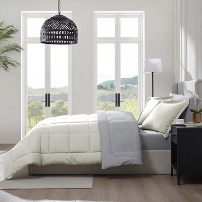 Queen Size Off White and Light Grey Reversible Microfiber Bedding Set