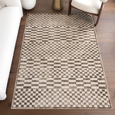 Brown Geometric 4' x 6' Washable Synthetic Area Rug