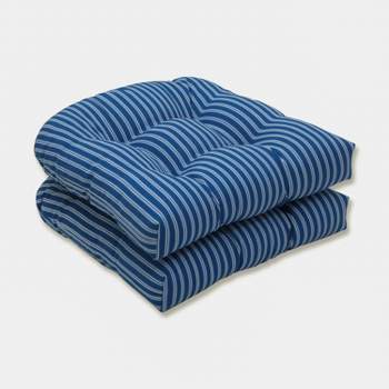 2pk Resort Stripe Wicker Outdoor Seat Cushions Blue - Pillow Perfect